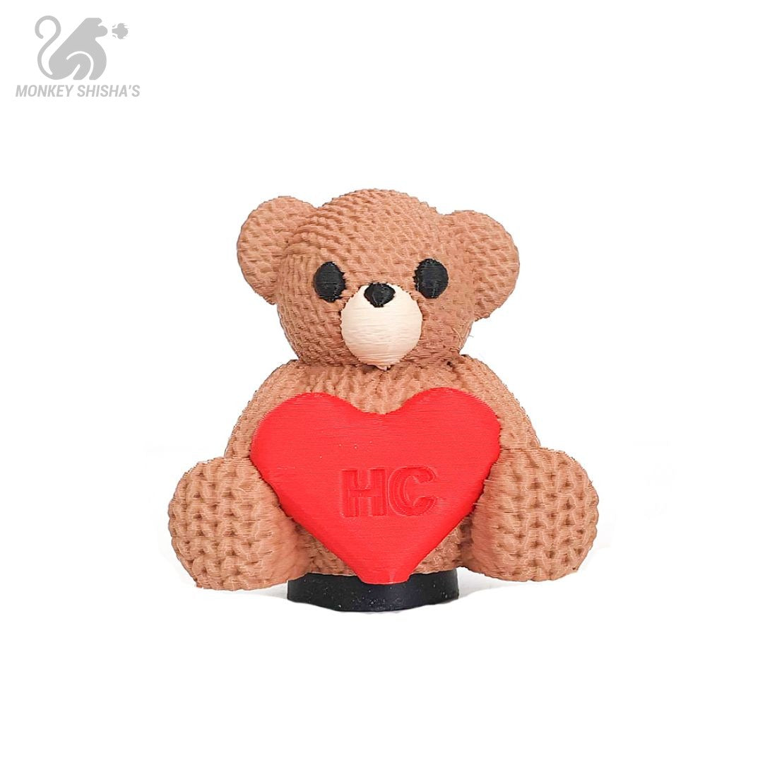 Boquilla 3D HC Loving Bear: osito de peluche marrón con textura de punto abrazando un corazón rojo con las letras HC - Monkey Shisha's