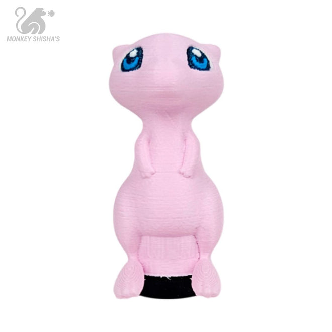Boquilla 3D HC Miau: criatura felina rosa de ojos azules grandes y cuerpo estilizado sobre base negra - Monkey Shisha's
