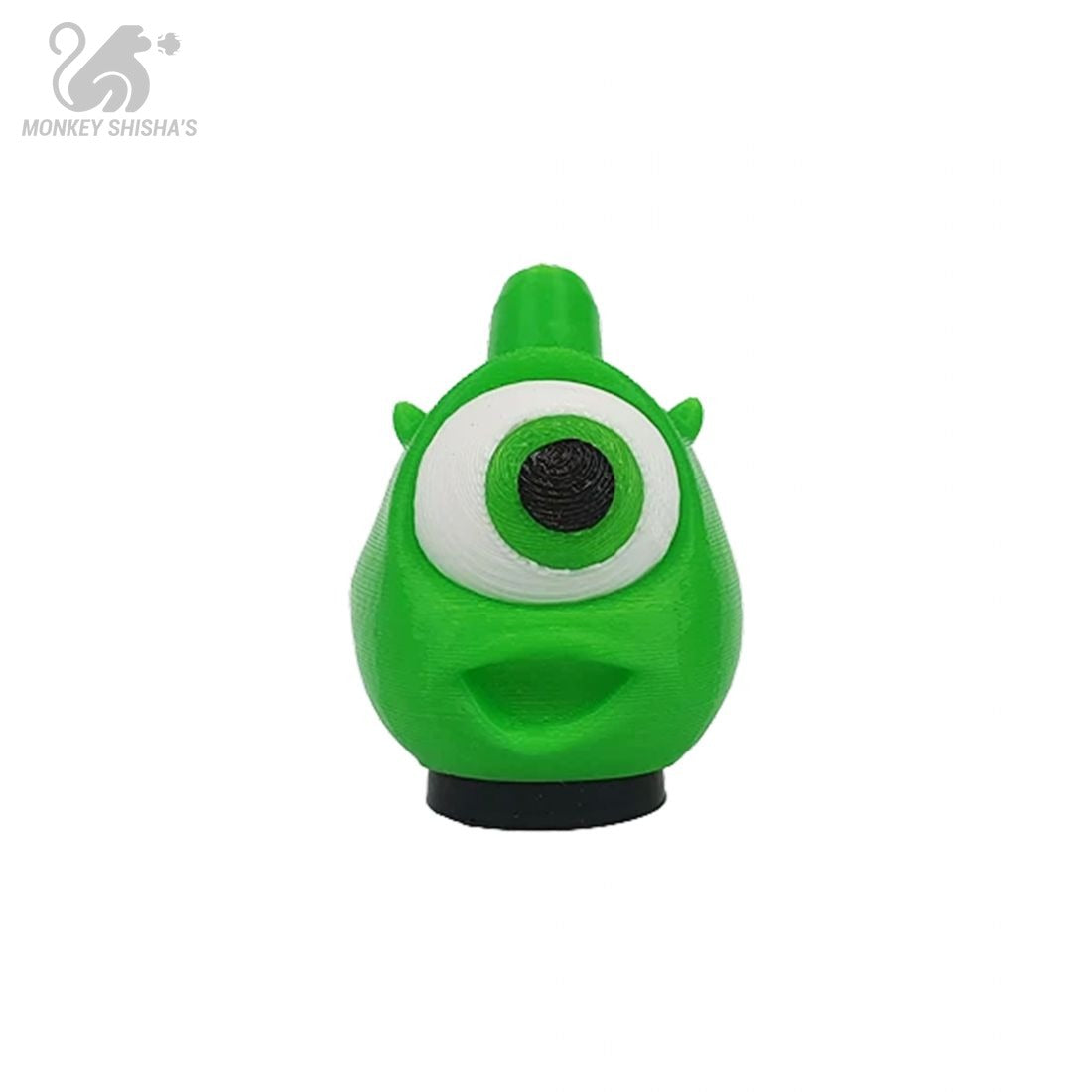 Boquilla 3D HC Monstruo Verde: monstruo verde de un solo ojo con cuernecillos y sonrisa sobre base negra - Monkey Shisha's