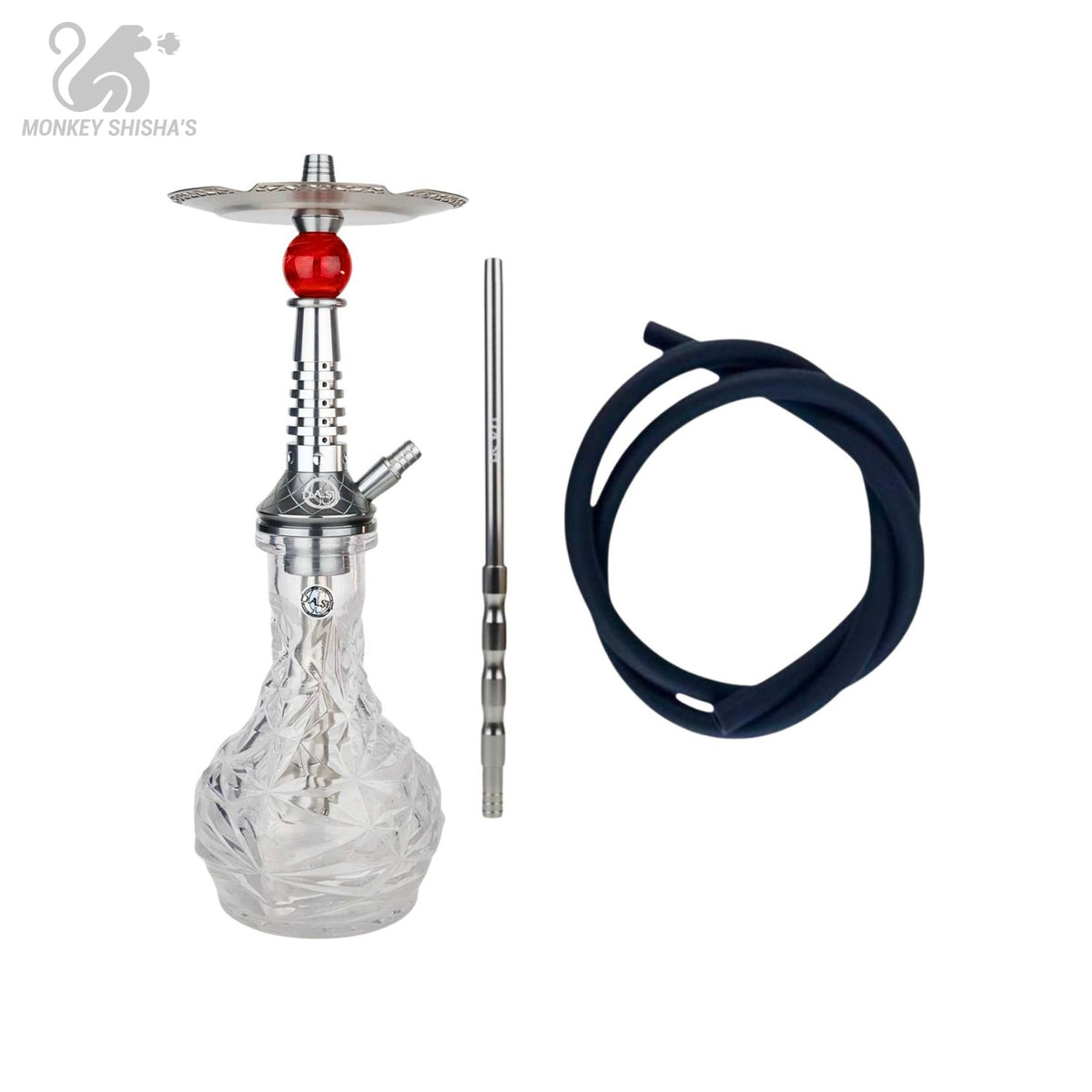 Cachimba Dash Mini Cosmos Antares con bola de resina roja, base tallada, boquilla y manguera - Monkey Shisha's
