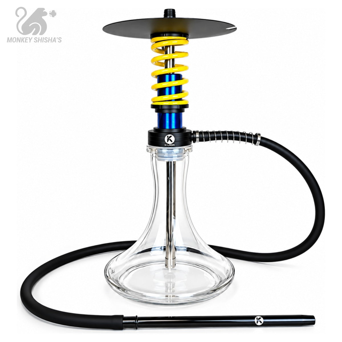 Cachimba K-Lada Nitro con muelle amarillo y azul, base de cristal y manguera de silicona - Monkey Shisha's