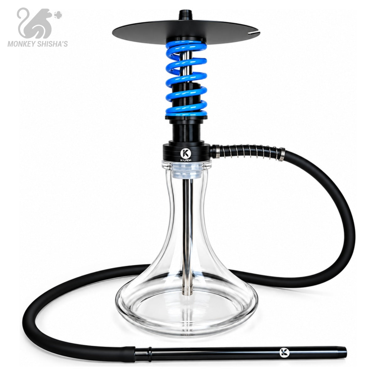 Cachimba K-Lada Nitro con muelle azul y cuerpo negro, base de cristal y manguera - Monkey Shisha's
