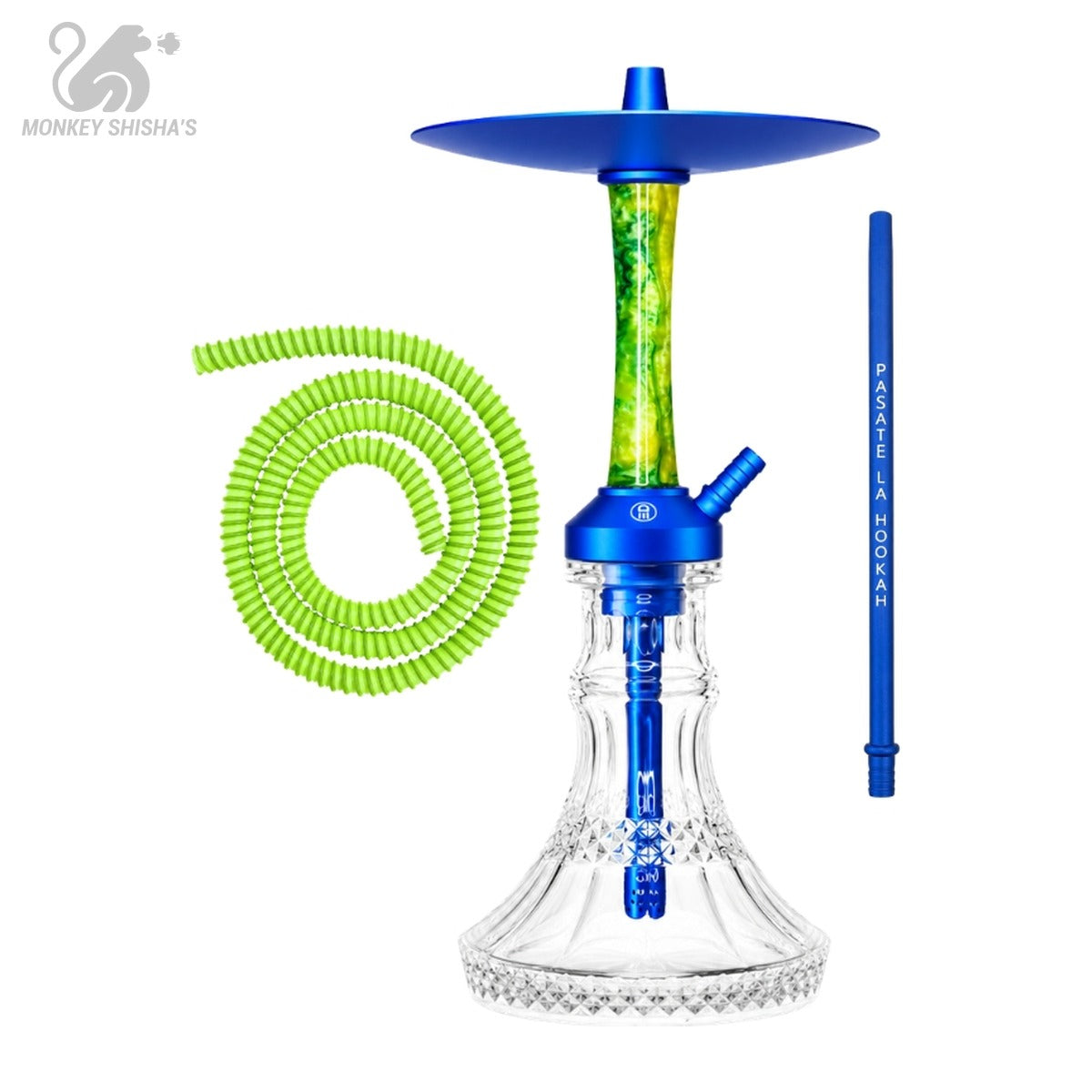 Cachimba Medusa Moon amarilla y azul con plato azul y manguera verde - Monkey Shisha's