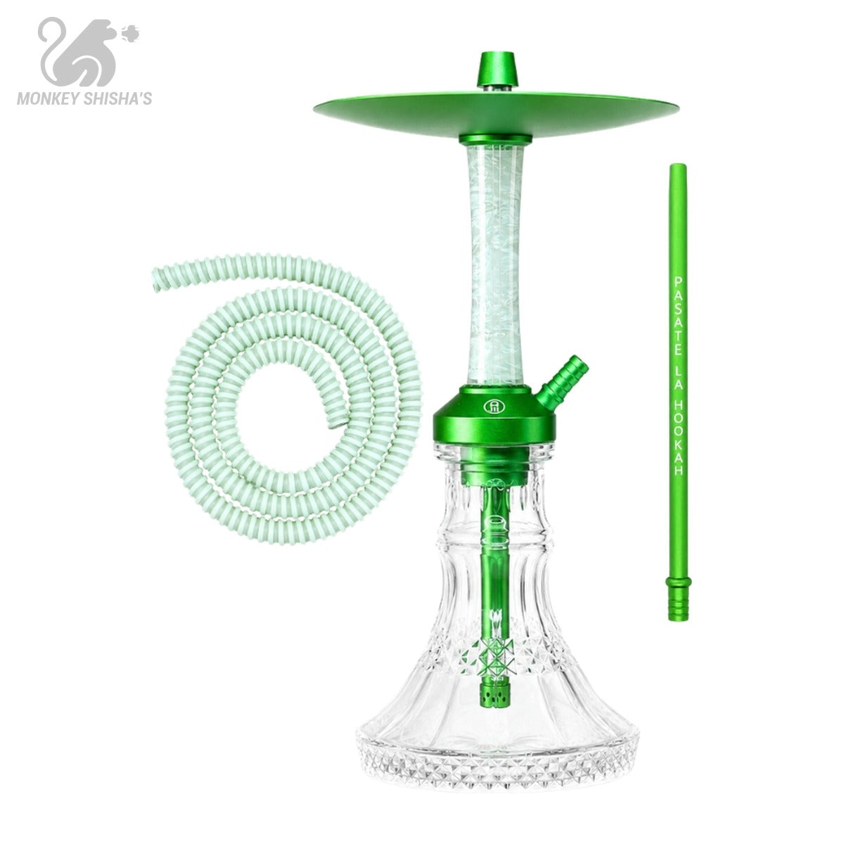 Cachimba Medusa Moon blanca y verde con plato verde y manguera color menta - Monkey Shisha's
