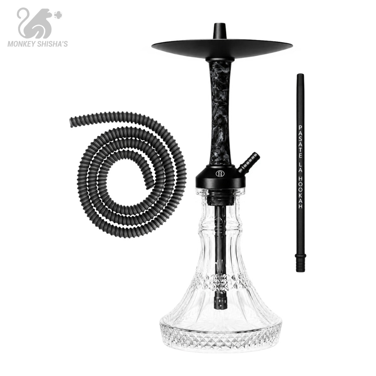 Cachimba Medusa Moon negra con mástil jaspeado, base acrílica Moon Cut y manguera negra - Monkey Shisha's