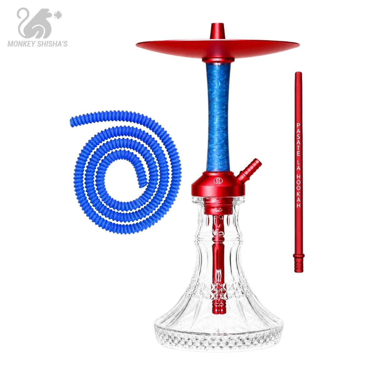 Cachimba Medusa Moon roja y azul oscuro con plato rojo y manguera azul - Monkey Shisha's