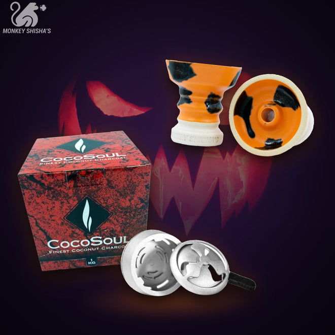 Pack Halloween Calabaza con cazoleta Fibo, gestor de calor y carbón Coco Soul - Monkey Shisha's