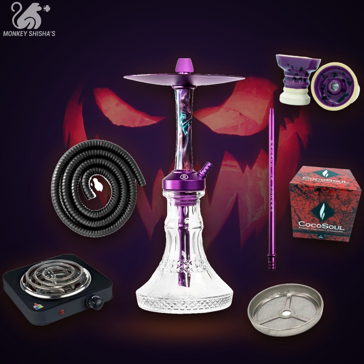 Pack Halloween Monstruo con cachimba Medusa Moon, hornillo, cazoleta Fibo, carbón y rejilla - Monkey Shisha's