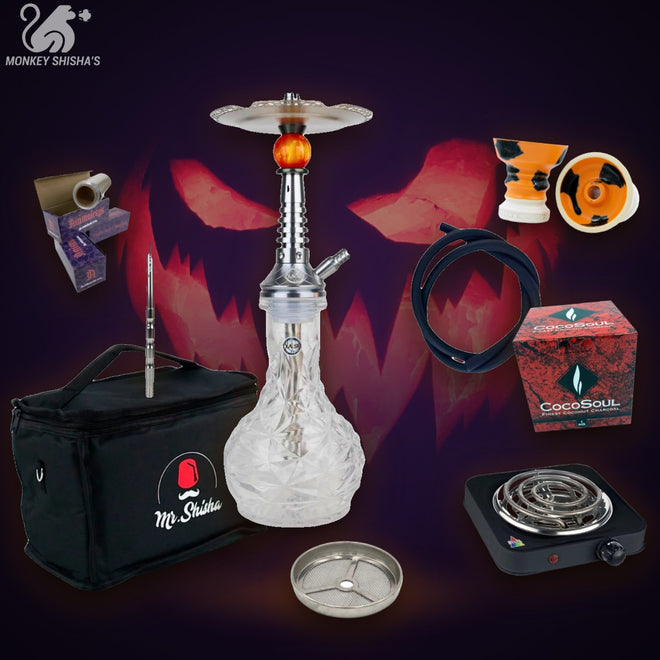 Pack Halloween Pesadilla con cachimba Dash Mini Cosmos, bolsa de transporte Mr. Shisha, hornillo, cazoleta, carbón, rejilla y aluminio - Monkey Shisha's