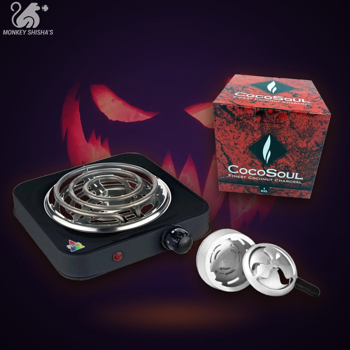 Pack Halloween Truco con hornillo eléctrico, gestor de calor Star 2.0 y carbón Coco Soul - Monkey Shisha's